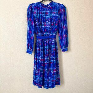 Vintage Blue Pixie Fairy Artsy Semi Sheer Pleated Midi Dress Women Size XS